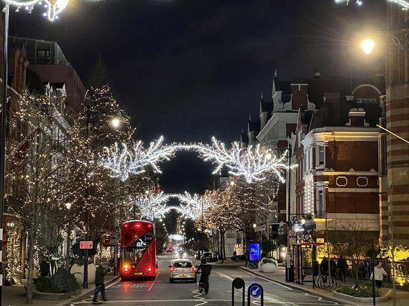 London street with Christmas lights.